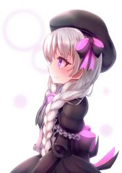 Rule 34 | 1girl, absurdres, beret, black bow, black dress, black gloves, black hat, bow, braid, closed mouth, commentary request, doll joints, dress, elbow gloves, fate/extra, fate (series), frilled sleeves, frills, from side, gloves, gothic lolita, grey hair, hair between eyes, hair bow, hair over shoulder, hat, highres, joints, lolita fashion, long hair, low twintails, nursery rhyme (fate), profile, puffy short sleeves, puffy sleeves, purple eyes, short sleeves, smile, solo, striped bow, twin braids, twintails, very long hair, white background, yuya090602