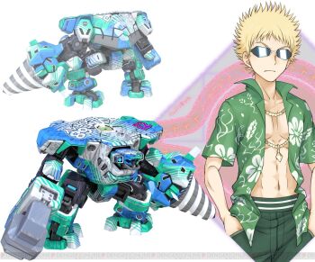1boy 3d abs bare_arms blonde_hair chain closed_mouth collarbone collared_shirt commentary cowboy_shot dengeki_online dordray drill drill_hand floral_print gold_chain green_shirt haimura_kiyotaka hands_in_pockets hawaiian_shirt jewelry looking_at_viewer magic_circle male_focus mecha multiple_views navel necklace official_art open_clothes open_shirt robot shirt short_hair short_sleeves spiked_hair sunglasses toaru_majutsu_no_index toaru_majutsu_no_virtual-on toned toned_male tsuchimikado_motoharu v-shaped_eyebrows virtual_on white_background