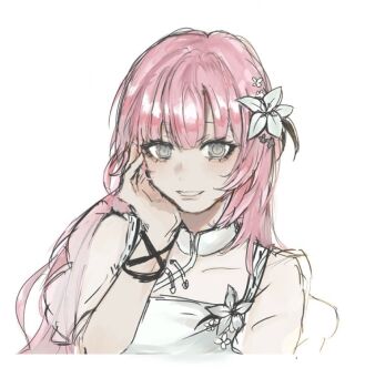 Rule 34 | 1girl, bang dream!, bang dream! our notes, blush, carrotcake114, commentary, flower, grey eyes, hair flower, hair ornament, izumi houka, open mouth, pink hair, shirt, simple background, solo, symbol-only commentary, white background, white shirt