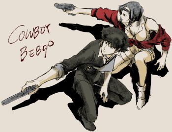 Rule 34 | 1boy, 1girl, absurdres, ankle boots, black hair, black jacket, black pants, boots, breasts, cleavage, closed mouth, collared shirt, commentary request, copyright name, cowboy bebop, faye valentine, full body, gun, hairband, handgun, highres, holding, holding gun, holding weapon, jacket, medium breasts, pants, profile, red jacket, shirt, short hair, short shorts, shorts, simple background, sleeveless, sleeveless shirt, spike spiegel, squatting, three-quarter sleeves, tobalin, weapon, white boots, white shirt, yellow hairband, yellow shirt, yellow shorts
