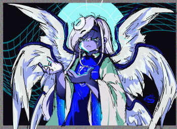 Rule 34 | 1girl, angel wings, blue dress, blue hair, crying, dress, feathered wings, highly responsive to prayers, highres, long hair, long sleeves, moon, multiple wings, noctiilio, sariel (touhou), shirt, touhou, touhou (pc-98), very long hair, white wings, wide sleeves, wings