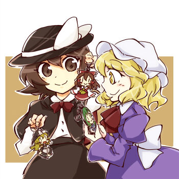 5girls :d apron ascot black_capelet black_hat black_skirt black_vest blonde_hair blush blush_stickers bow bowtie brown_eyes brown_hair capelet closed_mouth collared_dress collared_shirt commentary contrast_collar detached_sleeves dress dress_shirt frilled_bow frills green_hair hair_between_eyes hair_bow hair_tubes hakurei_reimu hat hat_bow holding kirisame_marisa kochiya_sanae long_hair long_sleeves looking_at_object maribel_hearn medium_hair mob_cap multiple_girls open_mouth puffy_long_sleeves puffy_sleeves purple_dress red_bow red_bowtie red_shirt red_skirt sanwa_no_jako_(daikichi_club) shirt shirt_tucked_in skirt sleeve_cuffs smile touhou two-tone_background usami_renko vest waist_apron white_apron white_bow white_hat white_shirt witch_hat yellow_ascot yellow_eyes |_|