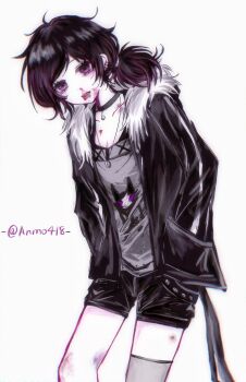 1girl aegyo_sal ahoge alternate_costume anmo418 ashley_graves black_choker black_hair black_jacket black_shorts blood blood_on_chest blood_on_face breasts bruise bruise_on_face bruise_on_leg choker chromatic_aberration cleavage collarbone collarbone_piercing colored_skin commentary cowboy_shot denim denim_shorts earrings empty_eyes film_grain fur-trimmed_jacket fur_trim grey_shirt grey_thighhighs hair_tie hands_in_pockets highres injury jacket jewelry jitome leaning_forward lofter_username long_sleeves looking_at_viewer low_ponytail medium_hair necklace nosebleed o-ring open_clothes open_jacket open_mouth pink_eyes pocket ponytail ringed_eyes shirt shorts simple_background single_thighhigh single_vertical_stripe skirt small_breasts solo standing symbol-only_commentary teeth the_coffin_of_andy_and_leyley thighhighs tongue tongue_out tsurime twitter_username upper_teeth_only white_background white_skin