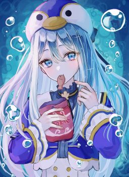 Rule 34 | 1girl, \||/, aegyo sal, air bubble, ameshi0227, animal hat, blue background, blue hair, blue hat, blue jacket, blue shirt, bubble, buttons, double-parted bangs, fingernails, food, frilled shirt, frilled sleeves, frills, hair between eyes, hat, highres, holding, holding food, jacket, long hair, long sleeves, looking at viewer, mouth hold, narase beauitful sound! (project sekai), open clothes, open jacket, penguin hat, project sekai, ribbed shirt, shirt, sidelighting, sidelocks, simple background, solo, upper body, wide sleeves, yoisaki kanade