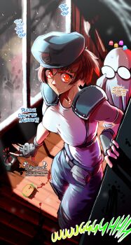 2girls absurdres belt belt_pouch beret black-framed_eyewear blinky_(pac-man) braid breasts brown_hair clyde_(pac-man) commentary cosplay crown_braid english_commentary english_text fingerless_gloves food ghost_costume glasses gloves handprint hat haysey highres horror_(theme) inky_(pac-man) jill_valentine jill_valentine_(cosplay) large_breasts multiple_girls niijima_makoto pac-man_(game) persona persona_5 pinky_(pac-man) pouch red_eyes resident_evil resident_evil_1 round_eyewear sakura_futaba sandwich scared sheet_ghost shirt short_hair shoulder_pads spiked_knuckles stairs sweat twitter_username window
