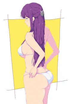 1girl bikini bikini_bottom_pull blush breasts closed_mouth commentary fern_(sousou_no_frieren) from_side hair_ornament highres kaneko_ryou long_hair medium_breasts multi-strapped_bikini_bottom profile purple_eyes purple_hair solo sousou_no_frieren standing string_bikini swimsuit thighs two-tone_background white_background white_bikini yellow_background