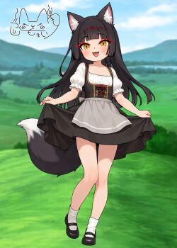 1boy :d absurdres animal_ears apron black_dress black_hair black_shoes blue_sky blurry cloud cloudy_sky commentary_request depth_of_field dirndl dress fang fox_boy fox_ears fox_tail full_body german_clothes grass grey_apron highres hill indie_virtual_youtuber itsuki_tsukumo_(artist) itsuki_tsukumo_(vtuber) long_hair looking_at_viewer mary_janes open_mouth outdoors puffy_short_sleeves puffy_sleeves shirt shoes short_sleeves skirt_hold sky smile socks tail trap virtual_youtuber white_shirt white_socks yellow_eyes