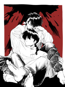 2boys bandana barefoot braid chinese_clothes feet hibiki_ryouga highres male_focus monochrome multiple_boys pants ranma_1/2 red_background saotome_ranma sibelius single_braid sitting sitting_on_lap sitting_on_person yaoi