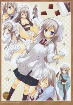 Rule 34 | 1boy, apron, ass, black socks, blue eyes, blue shirt, blush, bowl, breasts, carrying, chocolate, cleavage, collared shirt, cowboy shot, dutch angle, frilled apron, frills, green skirt, grey hair, grey jacket, hair between eyes, hair ornament, head tilt, highres, holding, holding bowl, jacket, japanese clothes, kimono, komiya yuuta, long hair, maid, maid headdress, medium breasts, multiple girls, naked apron, necktie, nipples, no bra, open clothes, original, piggyback, pleated skirt, red necktie, rice bowl, sawatari ranna, school uniform, sex, shamoji, shirt, skirt, socks, straight hair, striped clothes, striped necktie, striped skirt, thighhighs, vaginal, white apron, white thighhighs, yukata