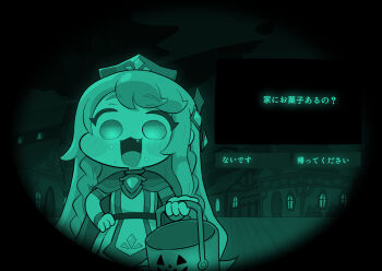 1girl :3 blush_stickers braid bucket building cape dialogue_options dress erpin_(trickcal) fang feet_out_of_frame food food_on_face halloween halloween_bucket hand_on_own_hip highres holding holding_bucket kukuru_(kukuru_sub_bp77) long_hair looking_at_viewer night_vision no_i&#039;m_not_a_human open_mouth parody pov_peephole raised_eyebrows side_braids smile solo standing tiara town translation_request trick_or_treat trickcal