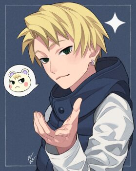 1boy :&lt; animal_crossing arm_up black_eyes blonde_hair blue_background blue_jacket border closed_mouth collared_jacket commentary_request diamond_(shape) earrings highres humanization image_in_speech_bubble jacket jewelry long_sleeves male_focus marshal_(animal_crossing) nintendo outstretched_hand parted_bangs piercing popped_collar shirt short_hair sleeveless sleeveless_jacket speech_bubble squirrel_boy upper_body white_shirt wozue