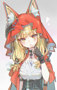 Rule 34 | 1girl, absurdres, animal ear fluff, animal ears, arknights, arknights: endfield, belt, black gloves, blonde hair, cape, commentary, dress, fingerless gloves, gloves, head tilt, high-waist belt, highres, hood, hooded cape, jewelry, long hair, looking at viewer, low-tied sidelocks, necklace, red cape, rossi (arknights), sidelocks, solo, tooth necklace, upper body, white dress, wolf ears, wolf girl, yanjem, yellow eyes