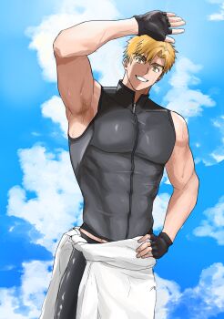 Rule 34 | 1boy, abs, absurdres, akeuraji tsukasa, aoshima93, arm up, black gloves, black pants, blonde hair, commentary request, day, fingerless gloves, gloves, hand on own hip, highres, male focus, medalist (manga), outdoors, pants, pectorals, shading eyes, solo, standing, sweat, toned, toned male, yellow eyes, zipper