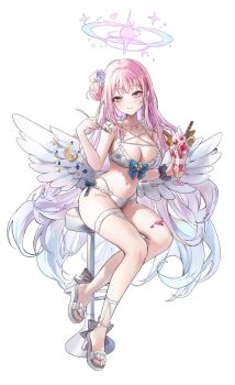 1girl alternate_costume bare_shoulders bikini blue_archive blue_bow bow breasts cleavage closed_mouth collarbone commentary cup feathered_wings footwear_bow full_body grey_bow hair_bun hands_up heart heart_o-ring highres holding holding_cup holding_spoon large_breasts long_hair looking_at_viewer low_wings mika_(blue_archive) mungduck navel o-ring pink_hair simple_background single_side_bun sitting smile solo spoon stomach swimsuit thigh_strap very_long_hair white_background white_bikini white_wings wings yellow_eyes