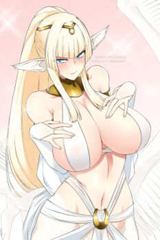 1girl \||/ animal_ears blonde_hair blue_eyes breasts bridal_gauntlets centaur closed_mouth commentary cowboy_shot double_\||/ english_commentary feathered_wings hands_on_own_chest horse_ears large_breasts lindaroze long_hair monster_girl monster_musume_no_iru_nichijou navel pegasus pegasus_wings ponytail smile solo sparkle taur white_theme wings