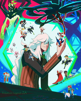 6+boys 6+girls absurdres alain_(pokemon) ash_ketchum az_(pokemon) blaziken_mask bow bowtie bright_pupils brown_vest canari_plush_(pokemon) carbink clemont_(pokemon) closed_mouth copyright_name diancie emma_(pokemon) floette floette_(eternal) gen_1_pokemon gen_6_pokemon green_bow green_bowtie griselle_(pokemon) grisham_(pokemon) hair_between_eyes hand_up highres jcstr legendary_pokemon lida_(pokemon) long_hair long_sleeves mable_(pokemon) mairin_(pokemon) mixed-language_commentary multiple_boys multiple_girls mythical_pokemon naveen_(pokemon) nintendo pikachu pokemon pokemon_(anime) pokemon_(creature) pokemon_legends:_z-a pokemon_xy_(anime) serena_(pokemon) shirt smile stitches taunie_(pokemon) vest white_hair white_pupils zygarde zygarde_(10) zygarde_(complete) zygarde_cell