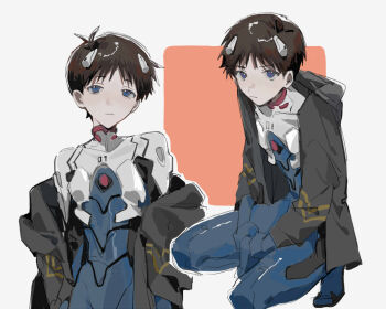 1boy black_jacket blue_bodysuit blue_eyes bodysuit closed_mouth expressionless highres ikari_shinji interface_headset_(evangelion) jacket looking_at_viewer male_focus mecha_pilot_suit mogutofuoes multicolored_bodysuit neon_genesis_evangelion plugsuit_(evangelion) short_hair simple_background solo square two-tone_bodysuit variations white_bodysuit