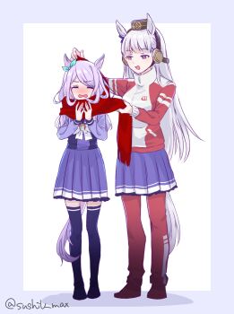 Rule 34 | 2girls, animal ears, blunt bangs, blush, border, bow, closed eyes, commentary request, dressing another, ear bow, ear covers, ear ornament, full body, furrowed brow, gold ship (umamusume), green bow, grey hair, hands up, highres, horse ears, horse girl, horse tail, jacket, kadokura (sushiu max), long hair, long sleeves, looking at another, mejiro mcqueen (umamusume), multicolored jacket, multiple girls, nose blush, open mouth, pants, pants under skirt, pillbox hat, pleated skirt, purple hair, purple shirt, purple skirt, purple thighhighs, red eyes, red jacket, red pants, red scarf, red track suit, scarf, scarf tying, school uniform, shirt, simple background, skirt, standing, straight-on, swept bangs, tail, teardrop, thighhighs, tracen school uniform, tracen training uniform, track jacket, track suit, twitter username, two-tone jacket, umamusume, very long hair, white background, white jacket, winter uniform, zettai ryouiki