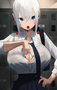 1girl :/ back black_bra black_nails black_necktie blue_eyes bob_cut bra bra_visible_through_clothes breasts collared_shirt commentary earrings elena_(hazuki_kazue) facing_viewer fangs hair_between_eyes hazuki_kazue highres huge_breasts indoors inverted_bob jewelry locker looking_at_viewer makeup necktie open_mouth original paizuri_invitation partially_open_shirt pleated_skirt pointy_ears raised_eyebrows shirt shirt_tucked_in short_hair sidelocks skirt slit_pupils solo tongue undercut underwear white_hair white_shirt wireless_earphones