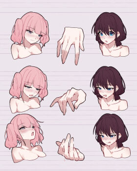 2girls blush breasts brown_hair chinese_commentary commentary_request fingering girls_band_cry grey_background grey_eyes highres hina_(girls_band_cry) iseri_nina licking_lips low_twintails medium_breasts multiple_girls open_mouth pink_hair pussy_juice short_hair short_twintails sweat sweatdrop tongue tongue_out twintails yun_cao_bing yuri