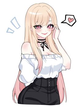 1girl black_pants blonde_hair breasts cleavage closed_mouth commentary cowboy_shot english_commentary gradient_hair heart highres kitagawa_marin medium_breasts miovartz multicolored_hair off-shoulder_shirt off_shoulder pants pink_eyes pink_hair shirt simple_background smile solo sono_bisque_doll_wa_koi_wo_suru speech_bubble spoken_heart two-tone_hair white_background white_shirt