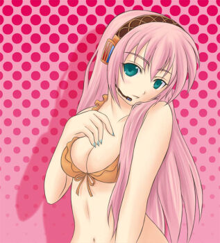 1girl bikini blue_eyes breasts commentary_request drop_shadow front-tie_bikini_top front-tie_top hand_on_own_chest head_tilt headphones headset kaminari_usagi long_hair looking_at_viewer medium_breasts megurine_luka megurine_luka_(swimwear) navel parted_lips pink_background pink_hair polka_dot polka_dot_background project_diva_(series) solo swimsuit upper_body very_long_hair vocaloid