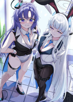 2girls absurdres alternate_costume alternate_hairstyle animal_ears between_breasts black_gloves black_pantyhose blue_archive blue_eyes blue_hair blue_necktie blush breast_press breasts cleavage detached_collar fake_animal_ears fishnet_thighhighs fishnets from_above full_body gloves halo highres indoors large_breasts long_hair looking_at_viewer multiple_girls necktie necktie_between_breasts noa_(blue_archive) pantyhose playboy_bunny purple_eyes rabbit_ears rabbit_tail shiraae_quartet single_thighhigh symmetrical_docking tail thighhighs very_long_hair white_hair white_halo wrist_cuffs yuuka_(blue_archive)