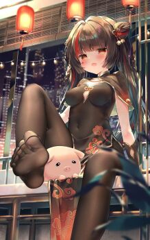 1girl bell black_hair breasts chen_bin china_dress chinese_clothes double_bun dress feet foot_focus foreshortening hair_bun hair_ornament highres impossible_clothes impossible_dress kero_(vtuber) lantern medium_breasts navel nijisanji no_shoes non-web_source open_mouth pantyhose pig soles toes virtual_youtuber virtuareal virtuareal_link