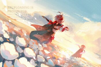 Rule 34 | 2boys, antenna hair, arm up, artist name, black haori, black scarf, blonde hair, blue scarf, cloud, commentary request, facing away, field, flower, flower field, genshin impact, glint, gradient sky, haori, jagabokkuru, japanese clothes, kaedehara kazuha, kazuha's friend (genshin impact), kimono, leaf print, light particles, low ponytail, male focus, maple leaf print, medium hair, multicolored hair, multiple boys, outdoors, petals, ponytail, red haori, red scarf, red streaks, scarf, short sleeves, signature, sky, standing, streaked hair, sunset, vision (genshin impact), watermark, white flower, white hair, white kimono