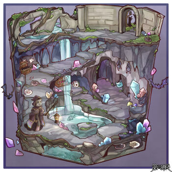 Rule 34 | 1other, animal, bat (animal), border, cave interior, chigu, cloak, commentary request, commission, cross-section, crystal, dairoku ryouhei, diorama, fish, foliage, giving up the ghost, holding, holding lantern, hood, hooded cloak, lantern, mimic, mimic chest, mushroom, musical note, plant roots, ruins, silk, skull, slime (creature), spider web, water, waterfall