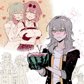 2boys 2girls black_gloves blurry blush bokeh breasts character_request closed_eyes closed_mouth commentary d0600059994959 depth_of_field eyewear_on_head food fruit gallagher_(honkai:_star_rail) gloves grabbing_another's_breast grey_hair groping heart highres holding holding_food holding_fruit honkai:_star_rail honkai_(series) imagining kafka_(honkai:_star_rail) long_hair multiple_boys multiple_girls open_mouth purple_gloves stelle_(honkai:_star_rail) symbol-only_commentary trailblazer_(honkai:_star_rail) watermelon yuri