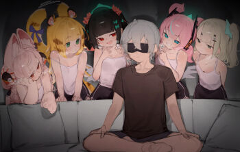 1boy 5girls animal_ears aria_(zenless_zone_zero) black_hair black_shirt blindfold blonde_hair camisole collarbone couch flat_chest furry furry_female green_eyes green_hair green_halo grey_hair hair_ornament halo highres indian_style ju_fufu loli long_hair looking_at_another meme mesugaki multiple_girls nangong_yu on_couch pink_hair piper_perri_surrounded_(meme) ponytail rabbit_ears rabbit_girl red_eyes shirt short_hair sitting sunna_(zenless_zone_zero) tail tail_wagging theflatfacadeds tiger_ears tiger_girl tiger_tail white_camisole wise_(zenless_zone_zero) x_hair_ornament zenless_zone_zero zhao_(zenless_zone_zero)