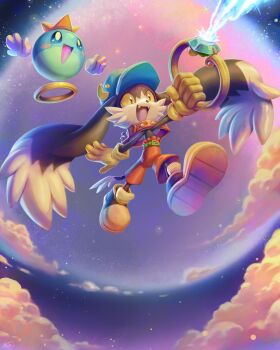 1boy absurdres animal_collar blue_hat cloud collar fangs full_body furry furry_male gloves hat highres holding holding_jewelry holding_ring huepow jewelry kaze_no_klonoa klonoa koriarredondo male_focus open_mouth pants rayman_limbs red_pants ring shoes sneakers yellow_eyes yellow_gloves