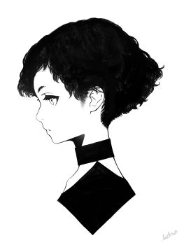 1girl choker closed_mouth eyelashes from_side greyscale highres monochrome original portrait profile senda_satoru short_hair signature simple_background solo very_short_hair white_background