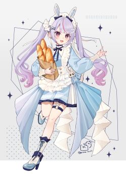 Rule 34 | 1girl, animal ears, apron, baguette, black nails, blue dress, blush, boots, bread, commentary request, dress, ear piercing, earrings, fake animal ears, food, full body, gradient hair, hair tie, highres, jewelry, long sleeves, maid headdress, multicolored hair, open mouth, piercing, pink hair, purple hair, rabbit ears, rino cnc, signature, solo, streaked hair, thick eyebrows, thigh strap, tosaki mimi, twintails, two-tone hair, virtual youtuber, vspo!, white apron