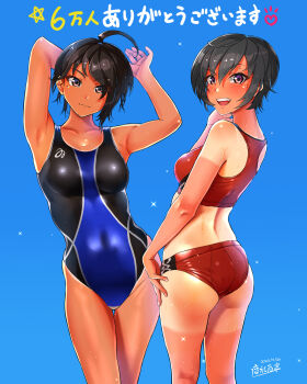 2girls adjusting_clothes ahoge arms_up artist_self-insert ass back bikini black_hair blue_one-piece_swimsuit closed_mouth commentary_request competition_swimsuit dated hand_in_own_hair hand_on_own_hip highres kilesha looking_at_viewer looking_back midriff milestone_celebration mole mole_under_eye multiple_girls one-piece_swimsuit open_mouth original red_bikini short_hair side-by-side signature simple_background smile sparkle sports_bikini standing sweatdrop swimsuit tan tanline thigh_gap translated