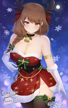 Rule 34 | 1girl, alternate costume, antlers, armlet, armpits, bare shoulders, bell, black choker, black corset, black thighhighs, blush, bow, braid, breasts, brown eyes, brown hair, choker, cleavage, closed mouth, collarbone, commentary, commission, corset, doiparuni, dress, english commentary, fake antlers, fire emblem, fire emblem engage, full moon, fur-trimmed dress, fur trim, gloves, goldmary (fire emblem), green bow, highres, holly, horns, jewelry, jingle bell, large breasts, long hair, looking at viewer, mole, mole on breast, moon, neck bell, nintendo, red bow, reindeer antlers, ribbon, santa costume, santa dress, sky, smile, snowflakes, snowing, solo, strapless, strapless dress, thighhighs, thighs, white gloves, yellow eyes