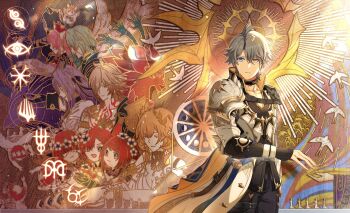 3boys 6+girls absurdres aglaea_(honkai:_star_rail) anaxa_(honkai:_star_rail) antenna_hair aqua_hair beret black_choker blonde_hair blue_eyes castorice_(honkai:_star_rail) choker chrysos_heirs_(honkai:_star_rail) closed_eyes closed_mouth coat commentary_request eyepatch gradient_hair grey_hair hat heterochromia highres honkai:_star_rail honkai_(series) hyacine_(honkai:_star_rail) male_focus medium_hair multicolored_hair multiple_boys multiple_girls mydei_(honkai:_star_rail) one_eye_covered open_mouth orange_hair parted_lips phainon_(honkai:_star_rail) pink_hair purple_hair red_hair red_hat red_tattoo shiba_(tonari_no_shiba_inu) short_hair smile teeth trianne_(honkai:_star_rail) tribbie_(honkai:_star_rail) trinnon_(honkai:_star_rail) twitter_username white_coat yellow_eyes