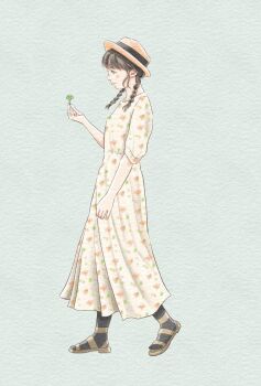 Rule 34 | 1girl, aqua background, black hair, braid, dress, full body, hat, highres, long dress, long hair, original, otto (otto52coffee), pantyhose, sandals, solo, twin braids, yellow dress