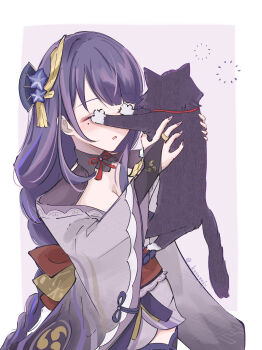 1girl absurdres animalization artist_name blunt_bangs braid breasts cat cleavage commentary_request fan_hair_ornament genshin_impact highres holding japanese_clothes kimono kurage_67 large_breasts light_blush long_braid long_hair mitsudomoe_(shape) mole mole_under_eye mother_and_son neck_ribbon open_mouth person_and_animalization purple_hair purple_kimono purple_thighhighs raiden_shogun red_ribbon ribbon scaramouche_(cat)_(genshin_impact) scaramouche_(genshin_impact) single_braid standing thighhighs tomoe_(symbol) twitter_username upper_body wide_sleeves