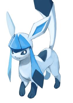 Rule 34 | animal focus, blue eyes, blue fur, blue sclera, closed mouth, colored sclera, commentary request, gen 4 pokemon, glaceon, highres, kou11021301, nintendo, no humans, pokemon, pokemon (creature), pokemon focus, simple background, smile, solo, white background