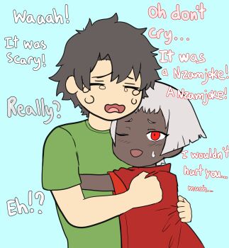 1boy 1girl absurdres artrum4 black_hair blue_background cloak comforting commentary crying dark-skinned_female dark_skin english_text fate/grand_order fate/requiem fate_(series) fujimaru_ritsuka_(male) gripping_clothes height_difference highres hug nzambi_(fate) one_eye_closed open_mouth red_cloak red_eyes scared short_hair sweatdrop upper_body very_dark_skin very_short_hair white_hair