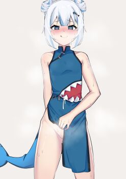 1girl :q absurdres adapted_costume adjusting_clothes arms_behind_back bare_shoulders blue_eyes blue_hair blush breasts china_dress chinese_clothes closed_mouth clothes_lift clothing_aside collarbone commentary cowboy_shot double_bun dress dress_aside dress_lift english_commentary fins fish_hair_ornament fish_tail gawr_gura groin hair_bun hair_ornament hair_up heart heart-shaped_pupils highres hololive hololive_english lifting_own_clothes mandarin_collar multicolored_hair no_panties nose_blush raised_eyebrows shark_girl shark_tail side_slit sidelocks simple_background sleeveless sleeveless_dress small_breasts smile solo spread_legs standing steam steaming_body streaked_hair sweat symbol-shaped_pupils tail teasing tochika_(thenta7) tongue tongue_out two-tone_hair virtual_youtuber white_background white_hair