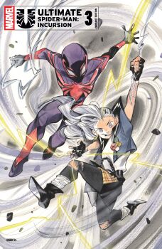 1boy 1girl absurdres aerokinesis arm_up black_bodysuit black_boots black_gloves black_leggings black_nails black_skirt blue_eyes blue_vest bodysuit boots character_name comic_cover copyright_logo copyright_name cover cover_page earrings electricity electrokinesis english_text fingerless_gloves gloves grin hair_ornament hairclip highres jewelry leggings lightning lightning_bolt_earrings lightning_bolt_symbol logo long_hair marvel mask maystorm_(marvel) miles_morales official_art peach_momoko shirt silk skirt smile socks spider-man_(miles_morales) spider-man_(series) superhero_costume torn_clothes torn_leggings ultimate_x-men_(2024) vest wallet_chain white_hair white_shirt white_socks wind x-men