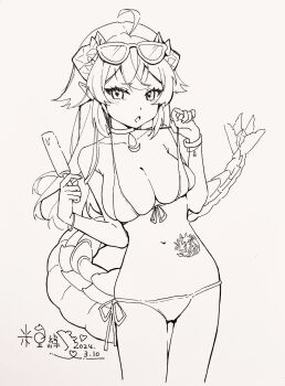 1girl ahoge bare_shoulders bikini breasts choker cleavage dragon_horns dragon_tail exitus eyewear_on_head food front-tie_bikini_top front-tie_top glasses halterneck hand_up highres holding holding_food holding_popsicle horns large_breasts long_hair looking_at_viewer midori_fufu navel paroniie_(vtuber) pointy_ears popsicle pulling_own_clothes side-tie_bikini_bottom skindentation solo stomach stomach_tattoo strap_pull string_bikini swimsuit tail tattoo virtual_youtuber