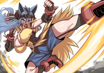 absurdres animal_ears blue_hair boots breasts cleavage clenched_hands commentary_request fingerless_gloves flying_kick gen_4_pokemon gloves headgear highres kicking large_breasts long_hair lucario mega_lucario mega_pokemon nintendo open_mouth personification pokemon shirt short_hair sleeveless sleeveless_shirt spikes tsurime yokomiya4538