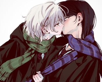 12thfog 2girls bang_dream! bang_dream!_it's_mygo!!!!! black_coat blush brown_hair coat collared_shirt ear_blush green_scarf highres kaname_raana kiss medium_hair mole mole_under_eye multiple_girls necktie purple_eyes purple_scarf red_necktie scarf shiina_taki shirt simple_background white_background white_hair white_shirt yellow_eyes yuri