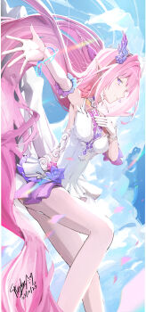 1girl absurdres bare_legs breasts commentary cyrene_(honkai:_star_rail) cyrene_(ripples_of_past_reverie)_(honkai:_star_rail) dated dress earrings from_side gloves highres honkai:_star_rail honkai_(series) jewelry legs long_hair looking_at_viewer looking_to_the_side medium_breasts outstretched_arm parted_lips pink_hair pink_petals pointy_ears purple_eyes saber17 sideways_glance signature single_glove smile solo thighs very_long_hair white_dress white_gloves