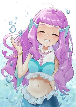 1girl ^_^ ahoge air_bubble amesafu blush bracelet bubble closed_eyes commentary_request crop_top cropped_shirt facing_viewer grin hand_up highres jewelry laura_la_mer_(mermaid) long_hair mermaid midriff monster_girl navel precure purple_hair shirt sleeveless sleeveless_shirt smile solo tropical-rouge!_precure upper_body white_shirt