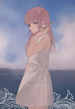 Rule 34 | 1girl, absurdres, alternate costume, blue eyes, blue sky, character name, chinese text, closed mouth, cloud, cloudy sky, commentary, conch, copyright name, cowboy shot, dress, english commentary, english text, expressionless, from side, girls' frontline, highres, holding, kir (khw66136132), long hair, looking at viewer, looking to the side, multicolored hair, pink hair, purple hair, shell, sky, solo, st ar-15 (girls' frontline), streaked hair, two-tone hair, white dress